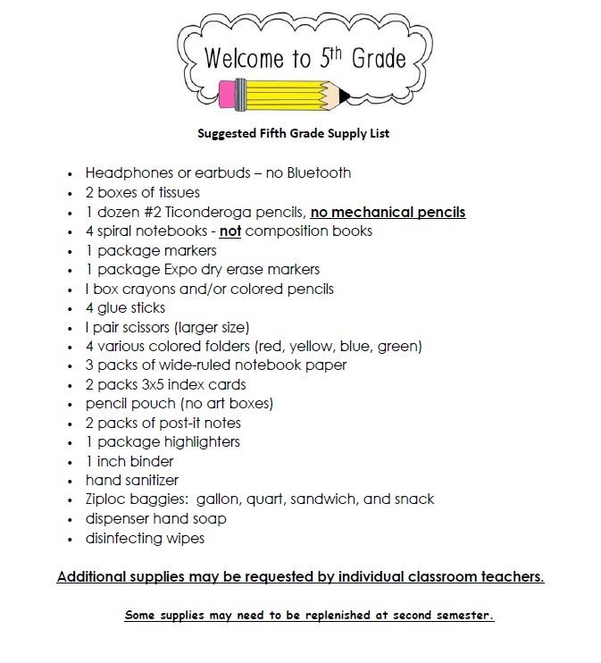 5th Grade Supply List